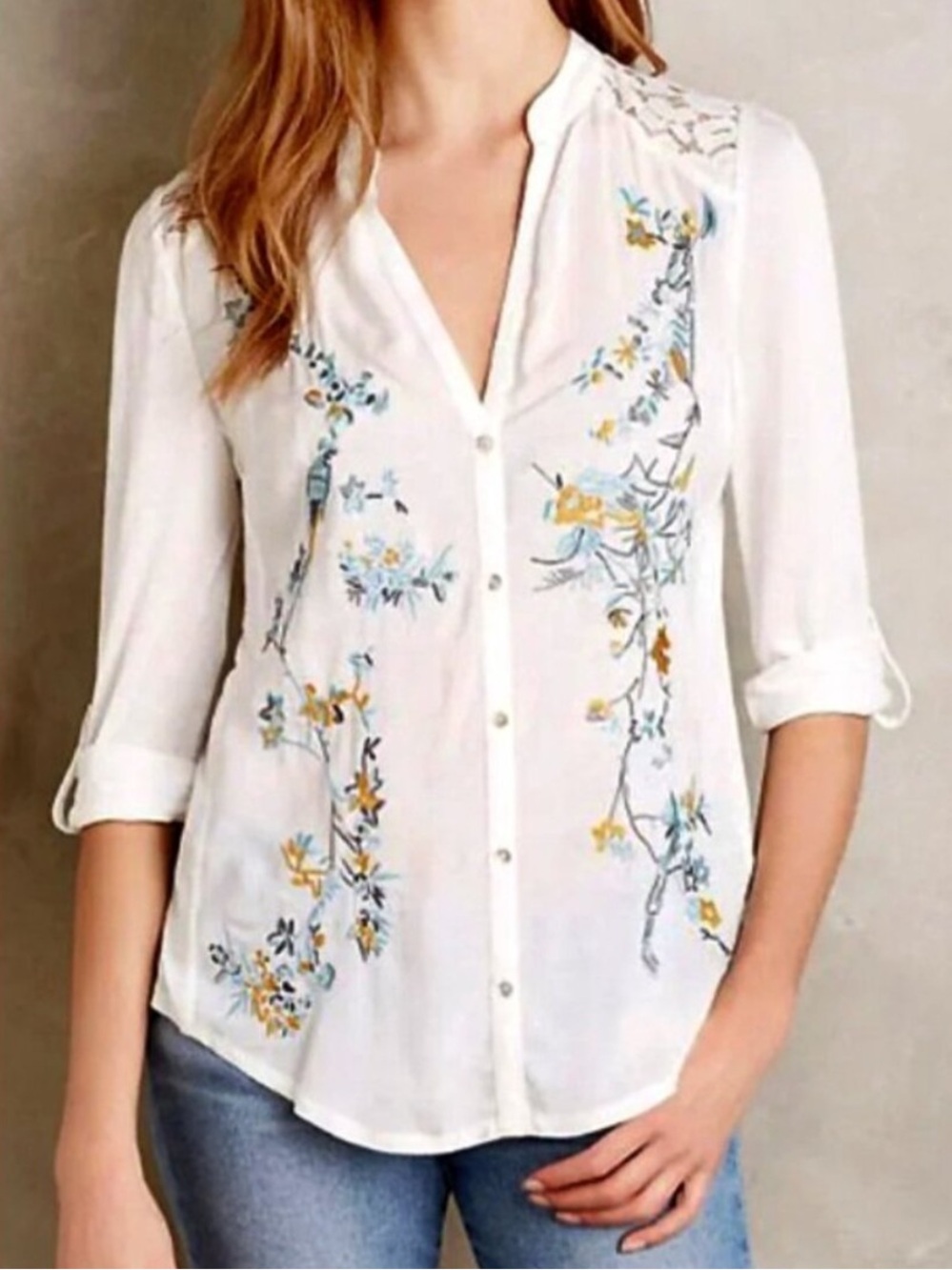 Anthropologie Tiny White Embroidered Boho Tunic Blue & Gold Floral Bird Large